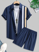Navy Blue Strip Design Mens Half Sleeves Cords Cotton Material - XPCRDH