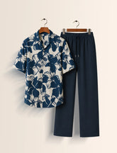 Navy Floral Unisex Half Sleeve Full Pant Cords - XPCRDF