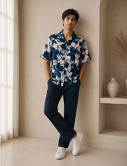 Navy Floral Unisex Half Sleeve Full Pant Cords - XPCRDF