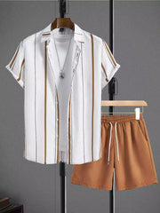 Cream Brown Line Design Mens Half Sleeves Cords Cotton Material - XPCRDH
