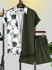 Green White Flower Design Mens Half Sleeves Cords Cotton Material - XPCRDH