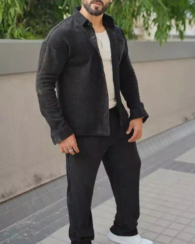 Black Color Luxury Korean Style Full Co-Ord Set Trouser and Shirt - XPCRDF