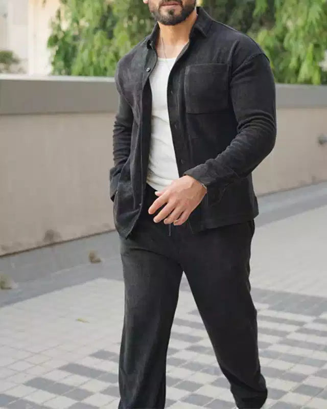Black Color Luxury Korean Style Full Co-Ord Set Trouser and Shirt - XPCRDF