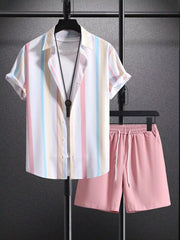 Peach Vertical Design Mens Half Sleeves Cords Cotton Material - XPCRDH