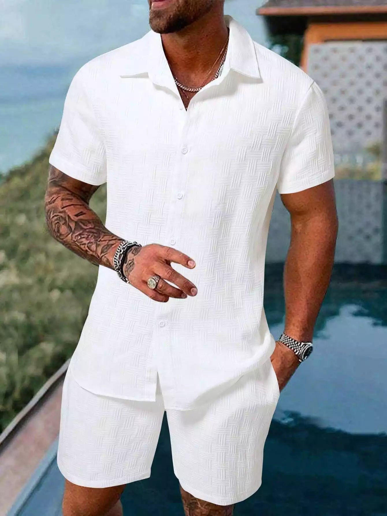 Plain White Popcorn Design Mens Half Sleeves Cords Cotton Material - XPCRDH