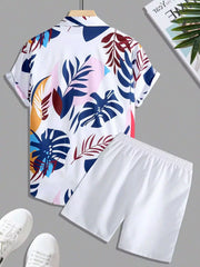 White Navy Blue Floral Design Mens Half Sleeves Cords Cotton Material - XPCRDH