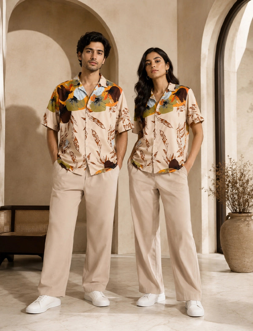 Cream Leaf Unisex Half Sleeve Full Pant Cords - XPCRDF