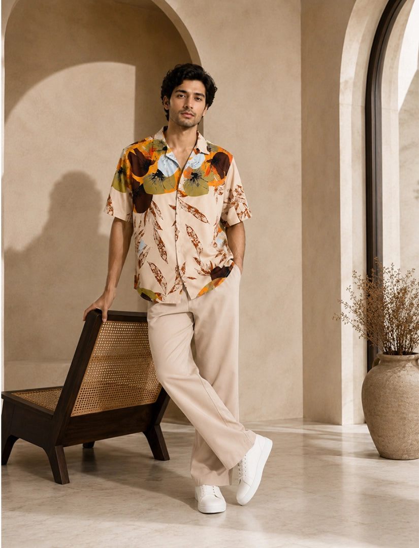 Cream Leaf Unisex Half Sleeve Full Pant Cords - XPCRDF