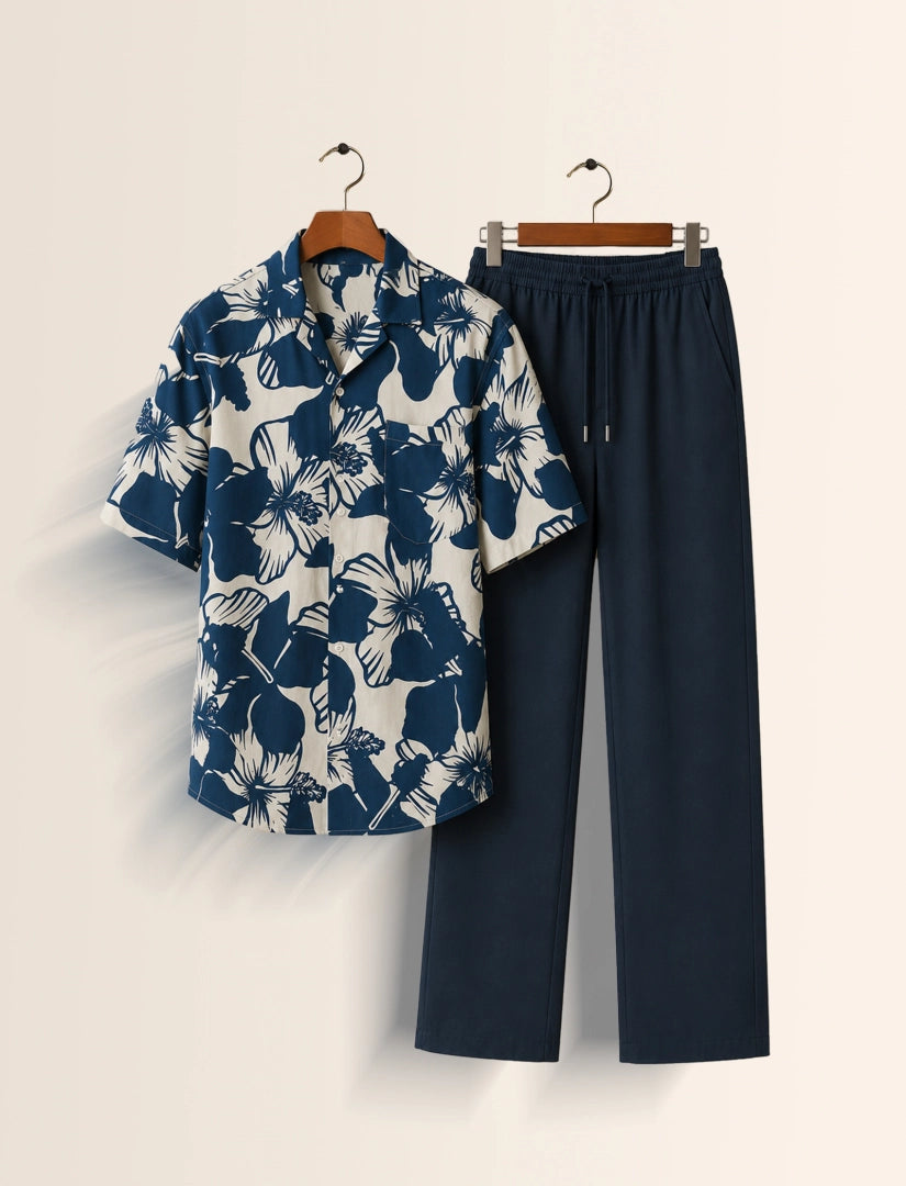 Navy Floral Unisex Half Sleeve Full Pant Cords - XPCRDF
