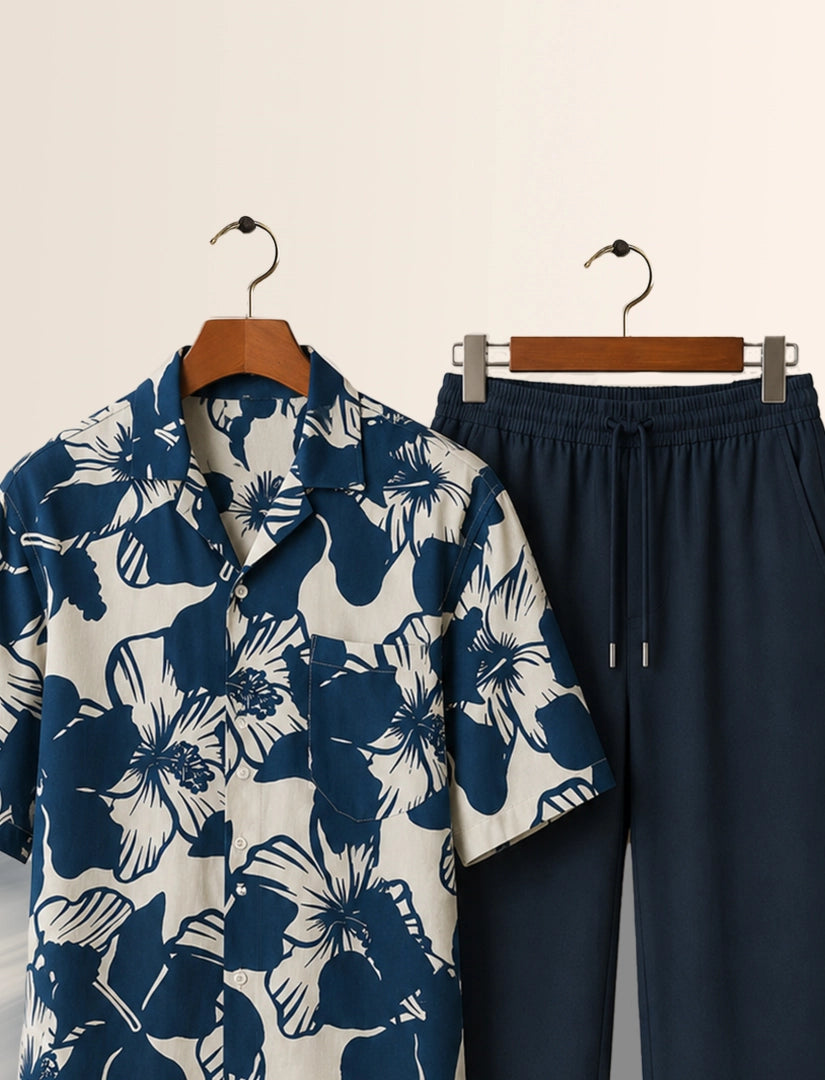 Navy Floral Unisex Half Sleeve Full Pant Cords - XPCRDF