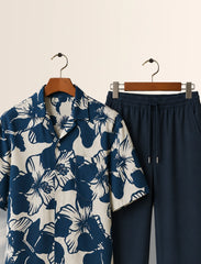 Navy Floral Unisex Half Sleeve Full Pant Cords - XPCRDF