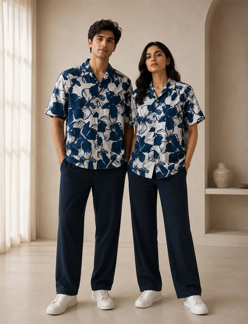 Navy Floral Unisex Half Sleeve Full Pant Cords - XPCRDF