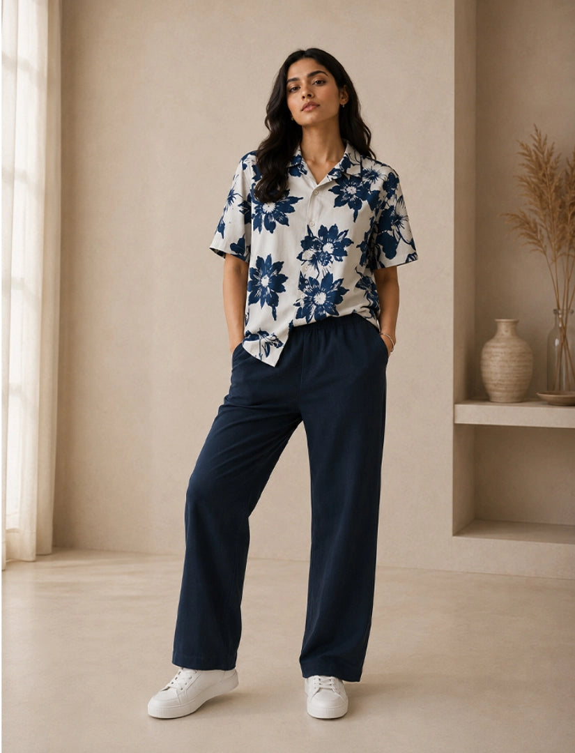 Navy Floral Unisex Half Sleeve Full Pant Cords - XPCRDF