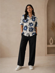 White Floral Half Sleeve Full Pant Cords - XPCRDF